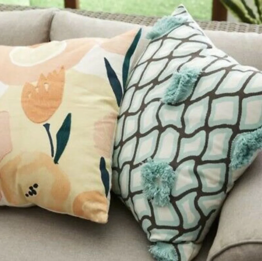 Pier 1 Imports Modern Geometric Teal, Brown Pillows w/Fringe Set of 2 Bundle NWT